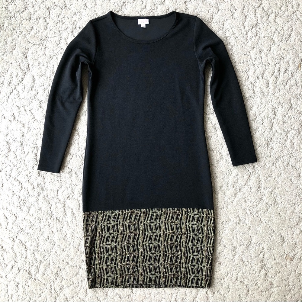 LulaRoe Debbie Dress Gold Sparkle L Fitted Midi